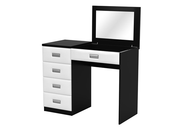 Косметический столик Como/Veda, с зеркалом, 4 ящика, левый, ЛДСП черный/экокожа белая в Элисте - изображение