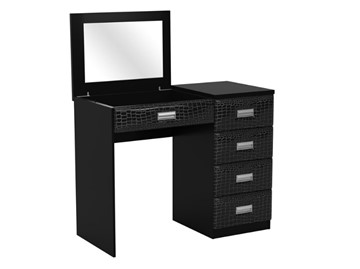 Косметический стол Como/Veda, с зеркалом, 4 ящика, правый, ЛДСП черный/Экокожа кайман черный в Элисте - предосмотр