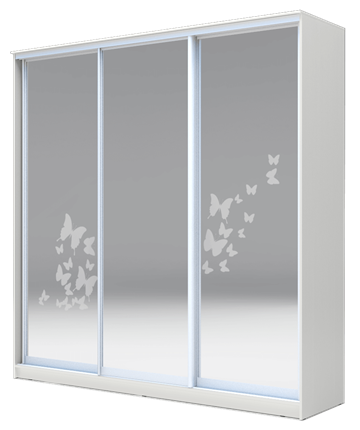 Шкаф 3-х дверный 2300х2000х620 три зеркала, наполнение №1, Бабочки ХИТ 23-20-656-05 Белая Шагрень в Элисте - изображение