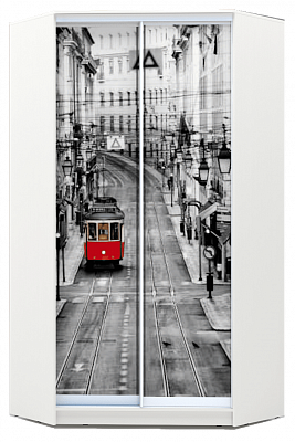 Шкаф-купе угловой 2200х1103, ХИТ У-22-4-77-01, Лондон трамвай, белая шагрень в Элисте - изображение