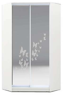 Угловой шкаф-купе 2300х1103, ХИТ У-23-4-66-05, бабочки, 2 зеркала, белая шагрень в Элисте - изображение