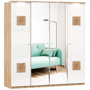 Шкаф 4х-дверный Фиджи с 2 зеркалами и декоративными накладками, Дуб золотой/Белый в Элисте - предосмотр