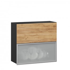 Кухонный навесной шкаф 800 горизонтальный, Шервуд, ЛД 281.981.000.049, со стеклом, черный/дуб золотой в Элисте - предосмотр