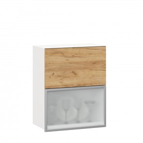 Навесной кухонный шкаф 600 горизонтальный Шервуд, ЛД 281.971.000.135, со стеклом, белый/дуб золотой в Элисте