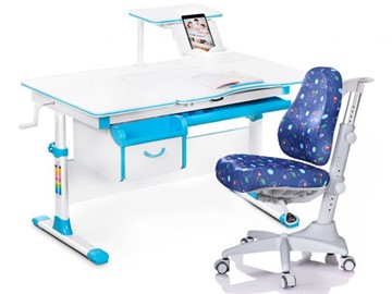 Комплект растущая парта + стул Mealux Mealux EVO Evo-40 BL (арт. Evo-40 BL + Y-528 F) / (стол+полка+кресло) / белая столешница / цвет пластика голубой в Элисте