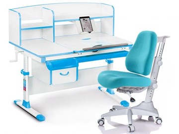 Комплект растущая парта + стул Mealux-EVO Evo-50 BL (арт. Evo-50 BL + Y-528 KBL) / (стол+полка+кресло) / белая столешница / цвет пластика голубой в Элисте