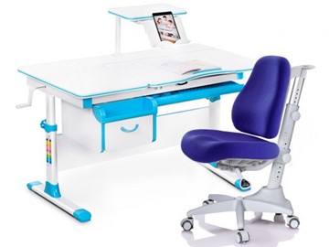 Комплект растущая парта + стул Mealux EVO Evo-40 BL (арт. Evo-40 BL + Y-528 SB) / (стол+полка+кресло) / белая столешница / цвет пластика голубой в Элисте